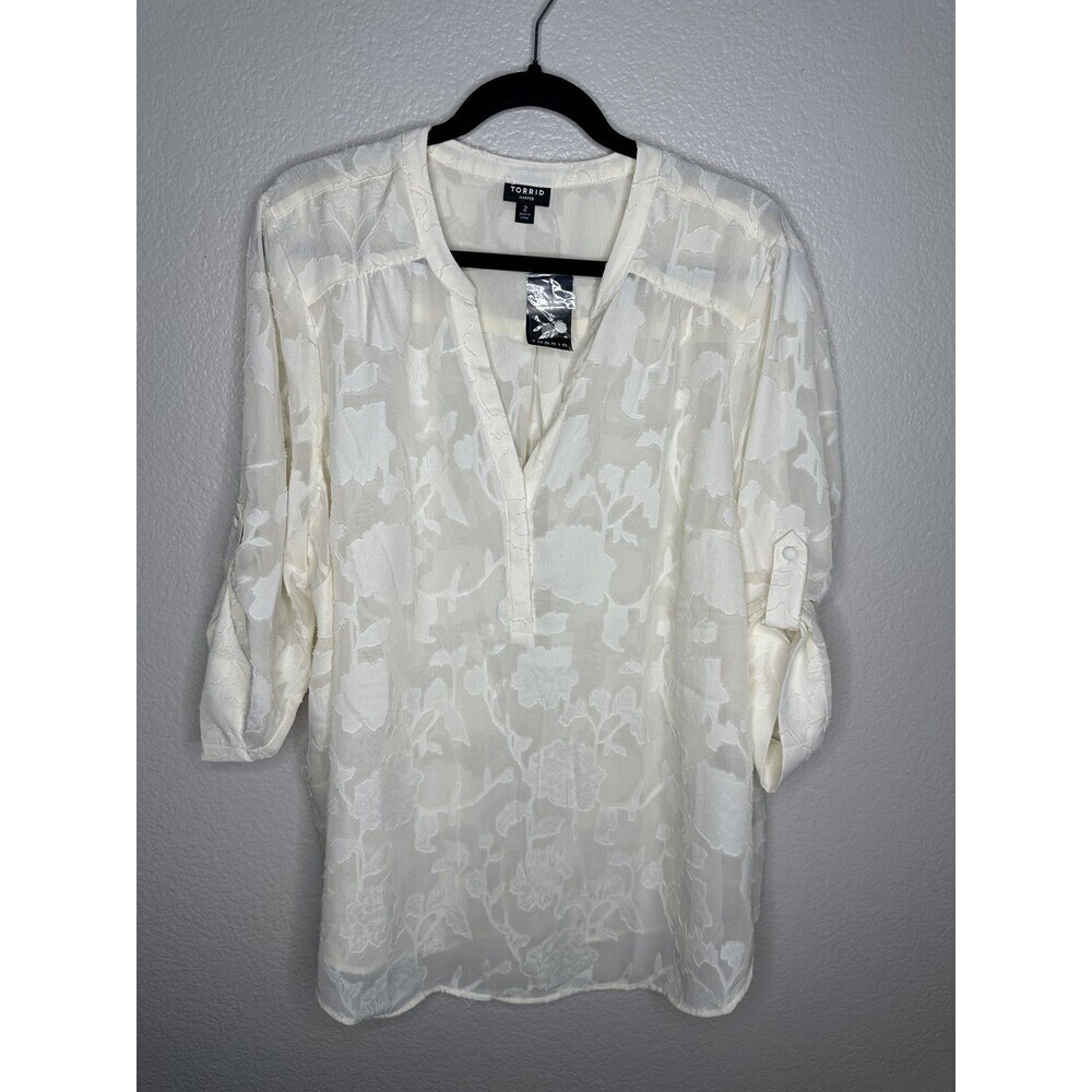 Torrid Shirt Womens 2X Ivory Harper Floral Burnout Roll Tab Sleeve V Neck Sheer